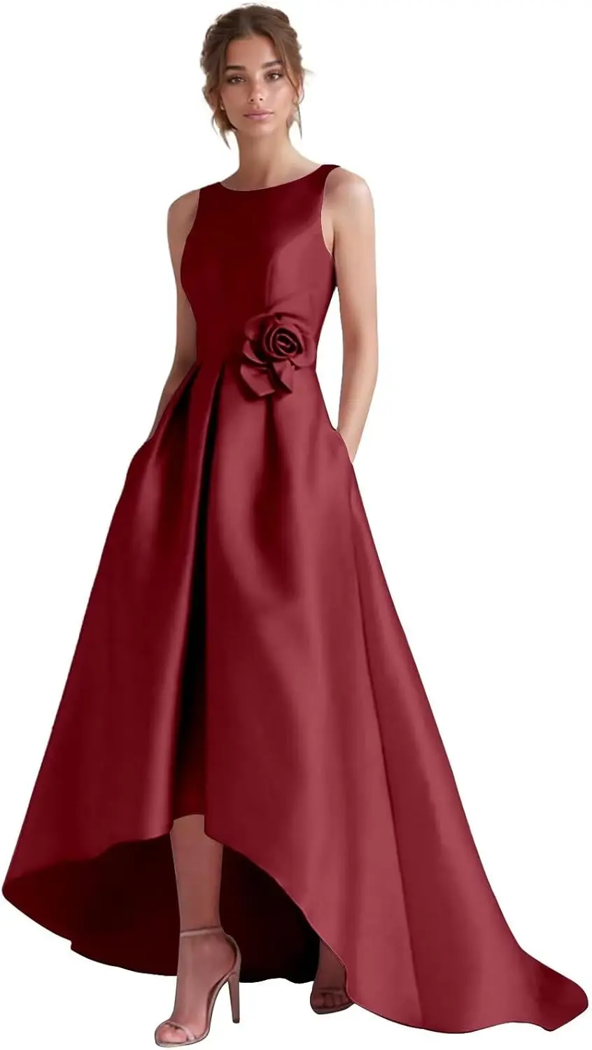 Aラインハイロー3Dフローラルサテンプロムドレスクルーネック花嫁の母ドレス女性用ノースリーブフォーマルガウンポケット付き