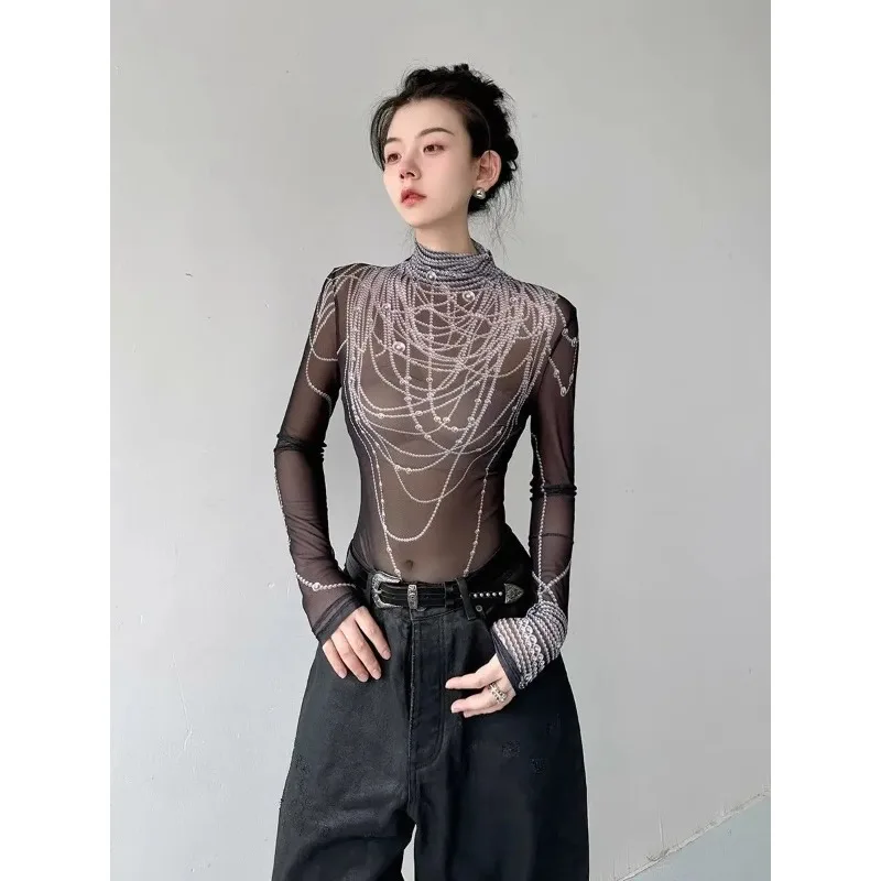 

Three-dimensional Pearl-print Long-sleeved T-shirt for Women in Spring, Fitted, Net Fabric, Half-collared, Base Layer Top Gothic