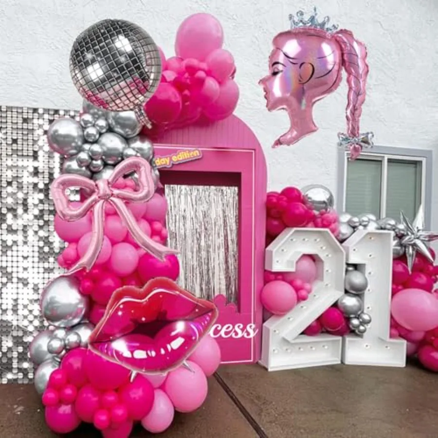 핫핑크와 실버 풍선 가랜드 키트 120개 핑크 크라운 인형 풍선 세트 공주 카우걸 디스코 테마 소녀 여성용