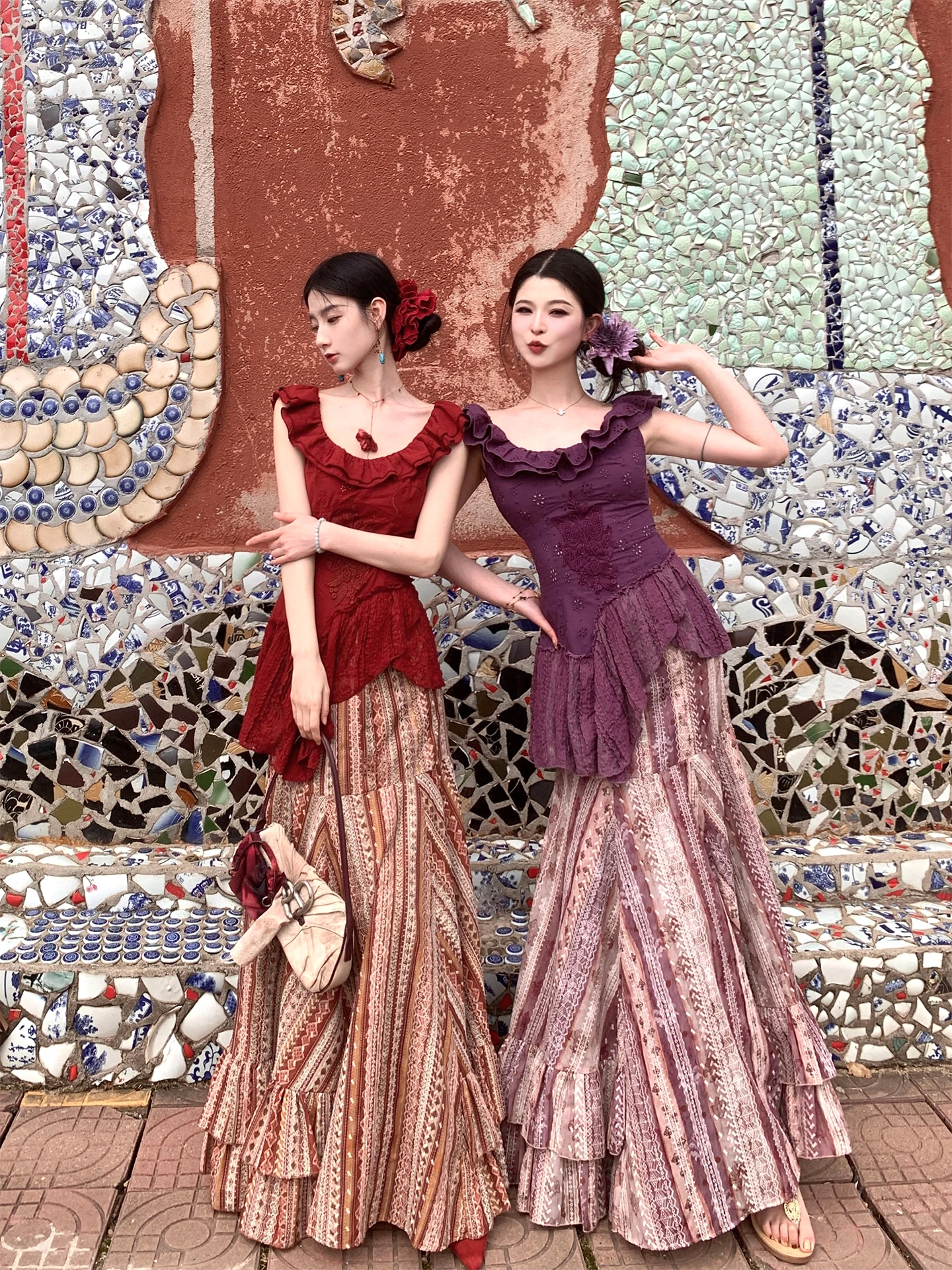 

WalkinDark Ethnic Style Heavy Embellished Embroidery Top And Half Skirt Set Short Sleeve Bunting Patchwork Spring Fashion Wom...