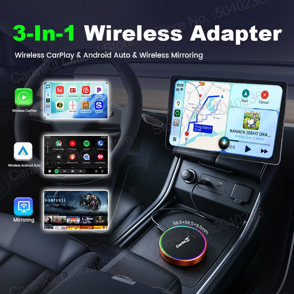 CarlinKit 4.0 3-In-1 Wireless Screen Mirroring Wireless Android Auto & CarPlay Adapter Online Upgrade Wireless Connect Phone