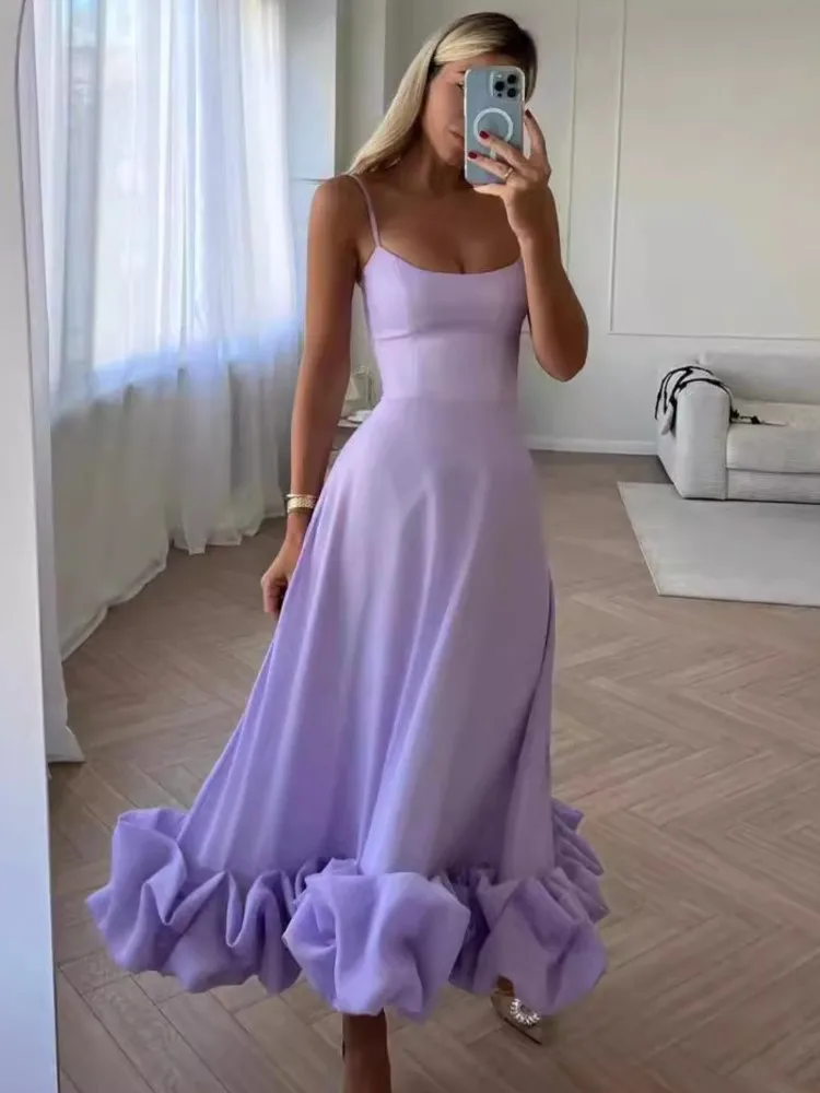 

Women Sexy Suspender Backless Party Long Dresses Fashion Sleeveless Big Hem Ruffle Dress Lady Elegant O-neck Solid Slim Vestidos