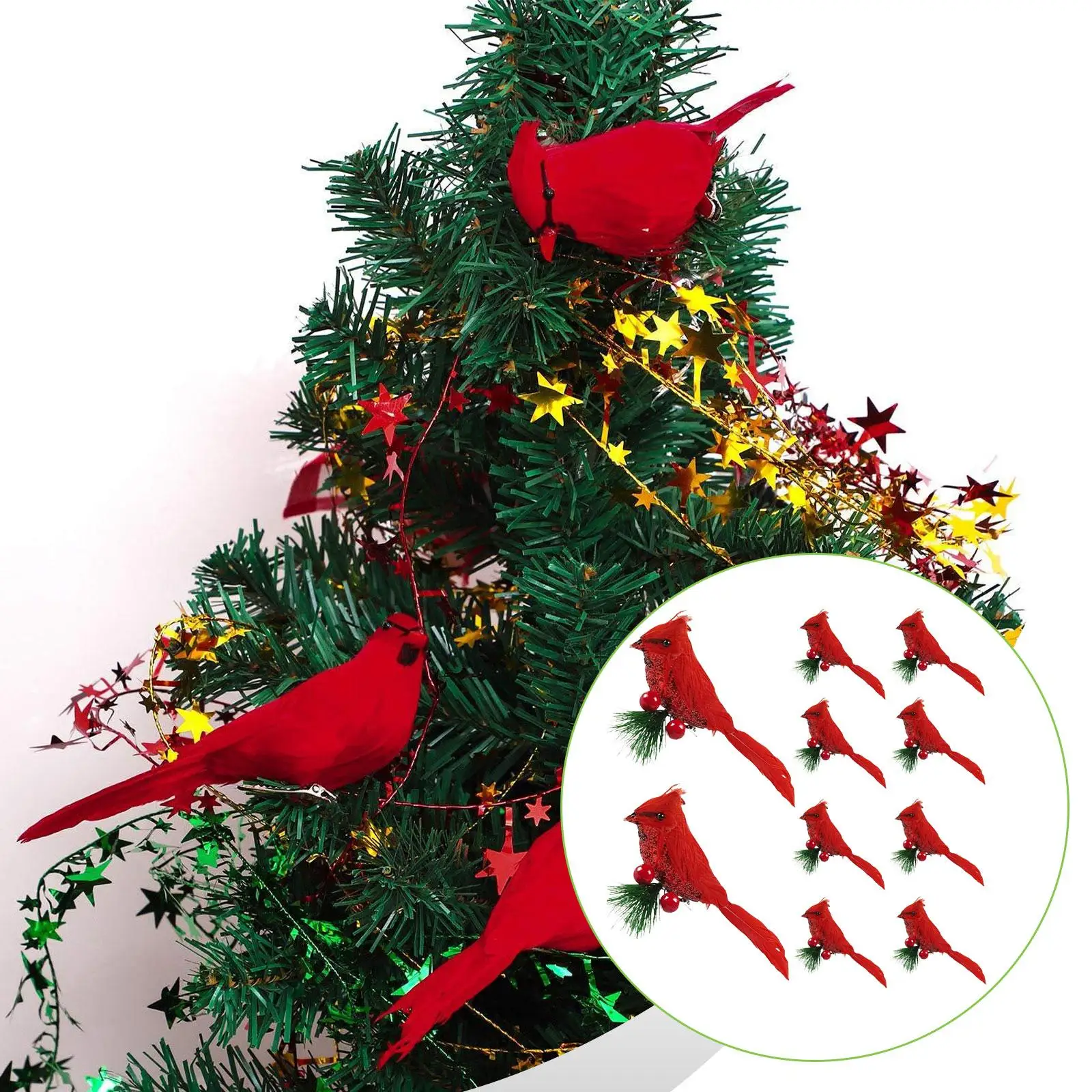 10x Artificial Christmas Red Red Birds Christmas Tree Decors Simulation Bird Decorations Clip on for Holidays Branches Yard