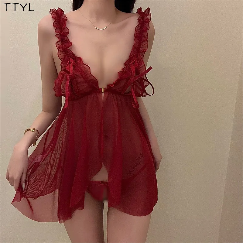 TTYL ملابس داخلية مثيرة البولكا نقطة الجنس منامة شبكة منظور مغري الحمالات ثوب النوم سترة حمراء ملابس غريبة