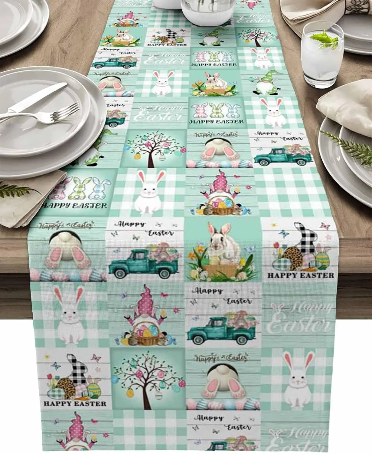 

Пасхальные яйца, хвост кролика, гномы, клетчатая льняная дорожка для стола, декор для вечеринки, весенние цветы тюльпана, дорожки для стола, пасхальные украшения