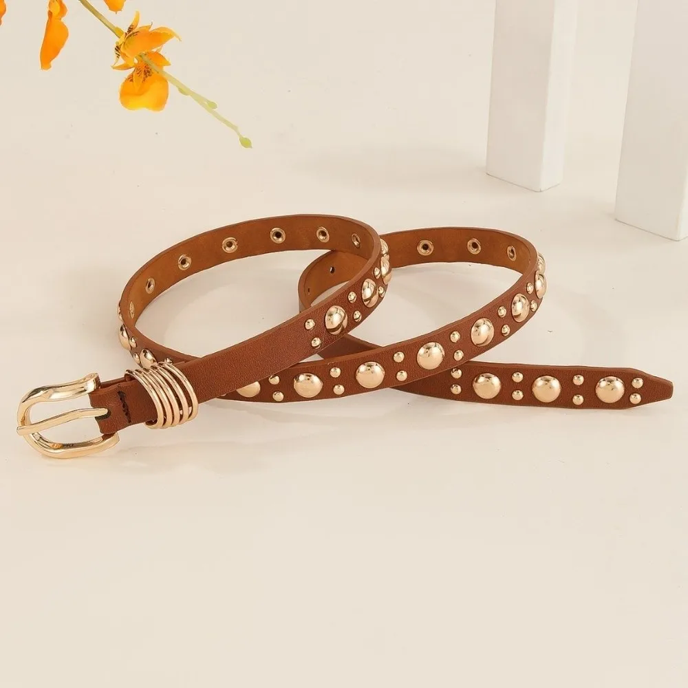Punk Style Metal Buckle Inlaid Gold Mushroom Stud Belt Pu Leather Thin Rivet Heavy Metal Belt Dress Waistband Women's