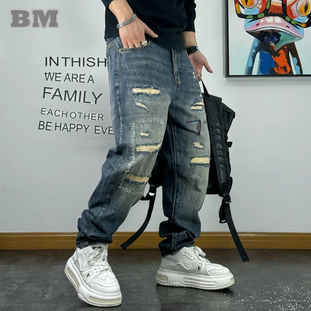 Korean Fashion Ripped Patch Jeans For Men Vintage Casual Denim Cargo Pants Streetwear Hip Hop Trousers Skateboard Mens Clothing