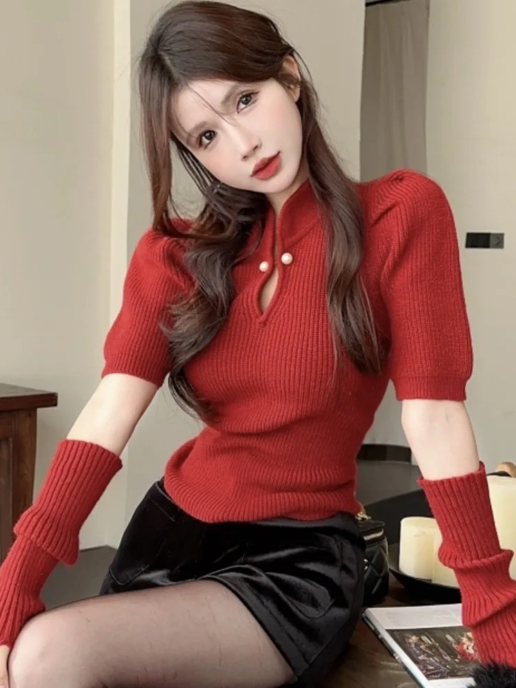 

Red Sleeve Knitted Sweater Women's Autumn Winter New Year Chinese Style Retro Stand Collar Button Hollow out Top Women's Fashion