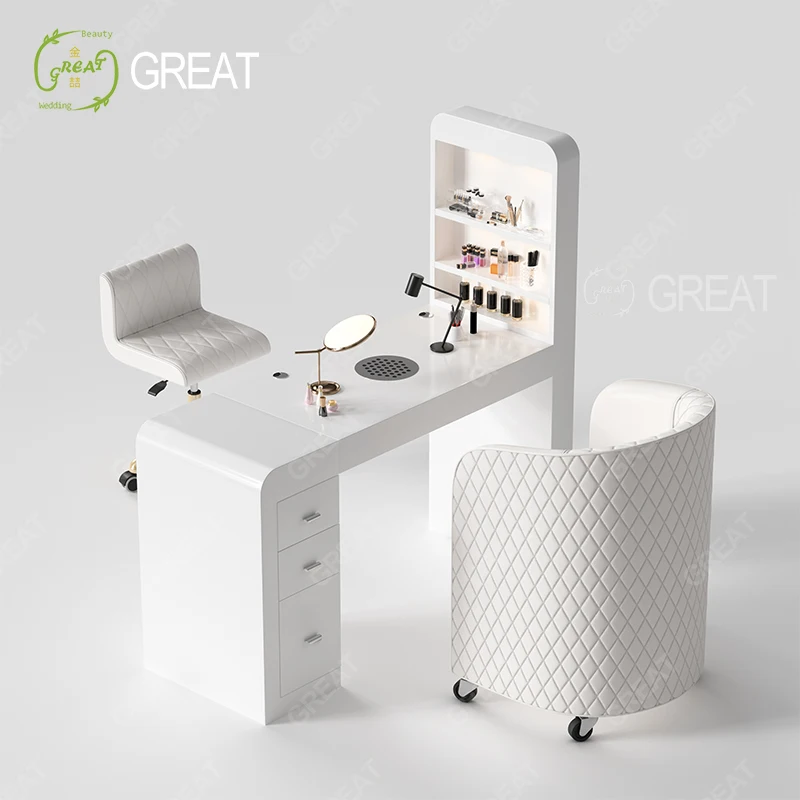 Conjunto de mesa e cadeira moderna de madeira branca para arte em unhas estilo 2025 para salão de beleza, terapia, manicure e pedicure