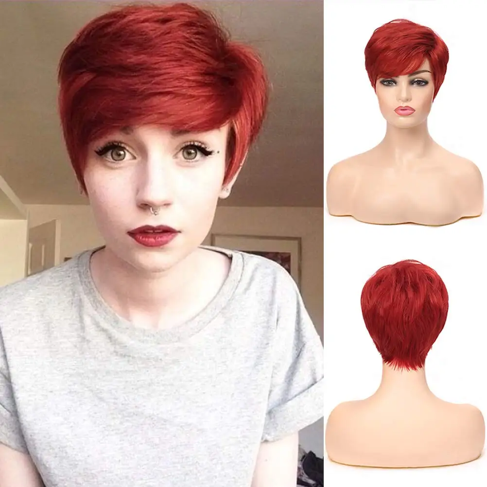 Short Red Synthetic Wigs for Women Layered Natural Synthetic Heat Resistant Halloween Cosplay Costume Wig with Wig Cap