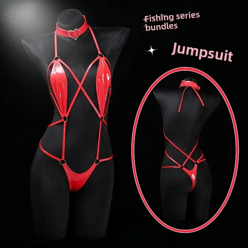 

Сексуальное нижнее белье Цельный комплект с открытой промежностью Сексуальный комплект из лаковой кожи Сексуальное женское белье Латексная цветная приманка Аниме Косплей