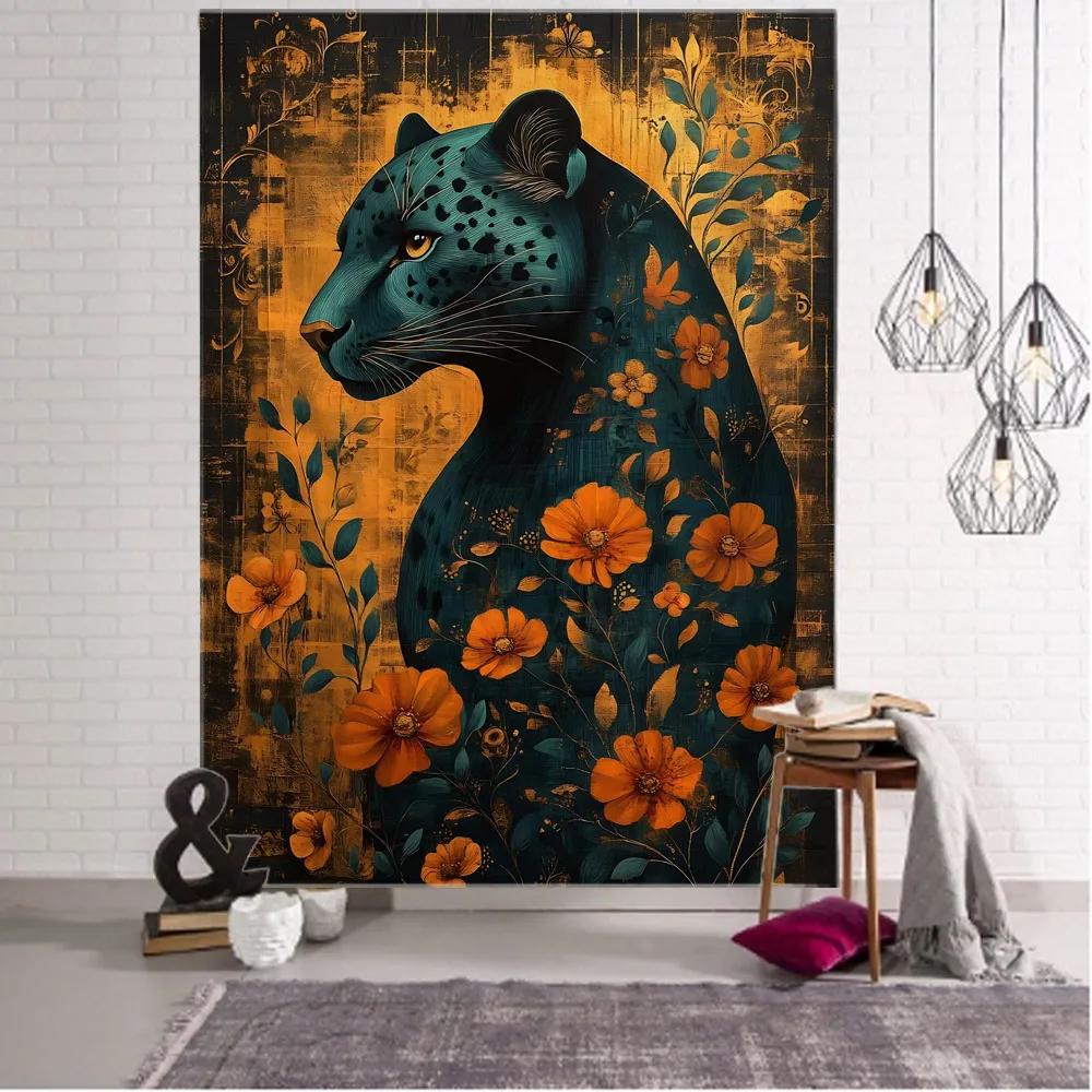 

Psychedelic animal tapestry hippie wolf lion owl wall hanging home dormitory fabric mural aesthetic decoration background poster