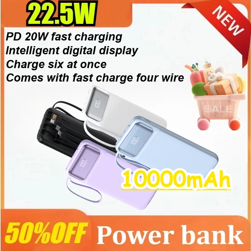 

3C Certified Fast Charging Power Bank with Built-in Cable Digital Display Slim 10000mAh Portable Charger Comes with Four Wires