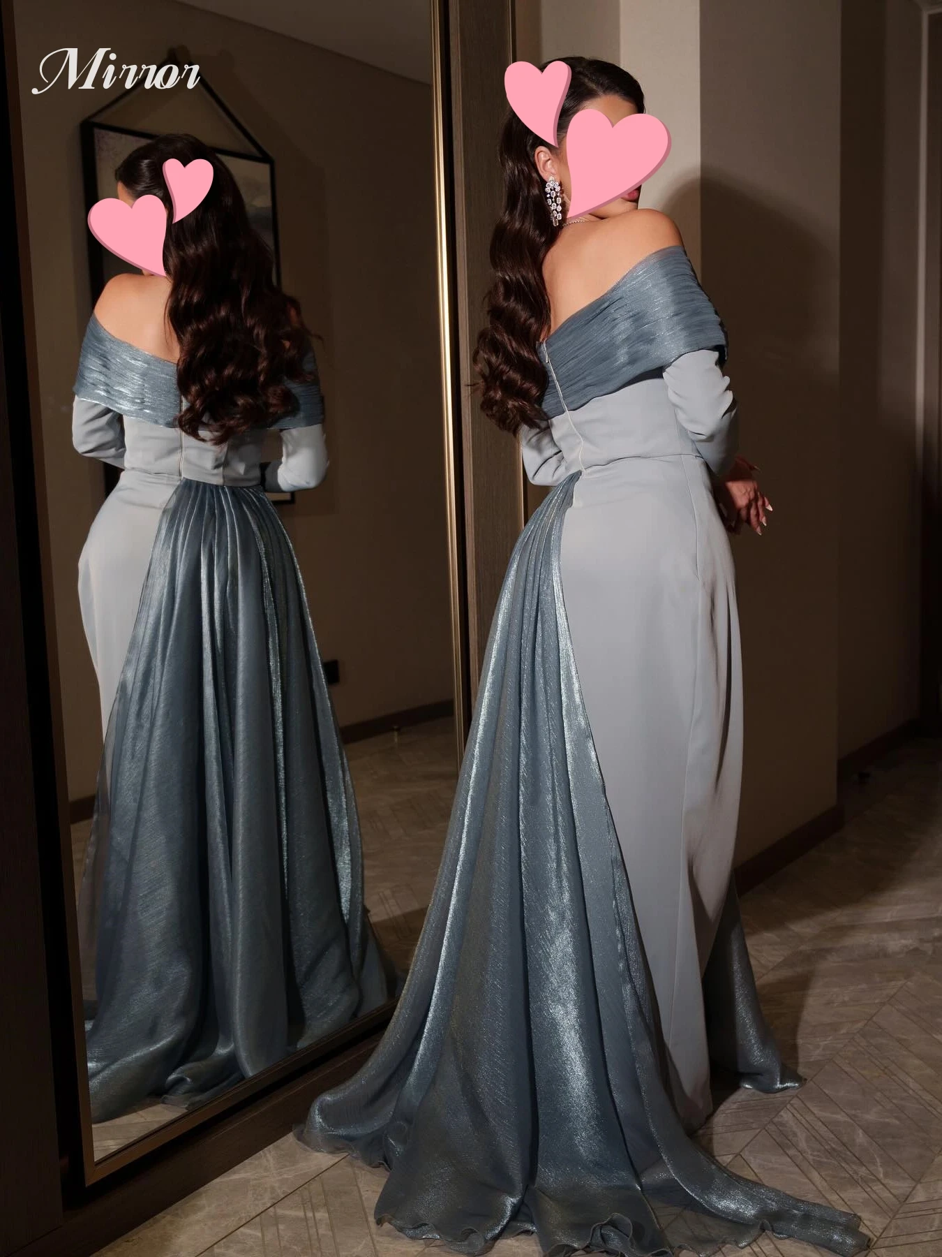 Mirror Dress Elegant Vintage Sweet Blue Boat Neck Ruffle Shiny Customized Formal Occasion Prom Dress Evening Party Gowns