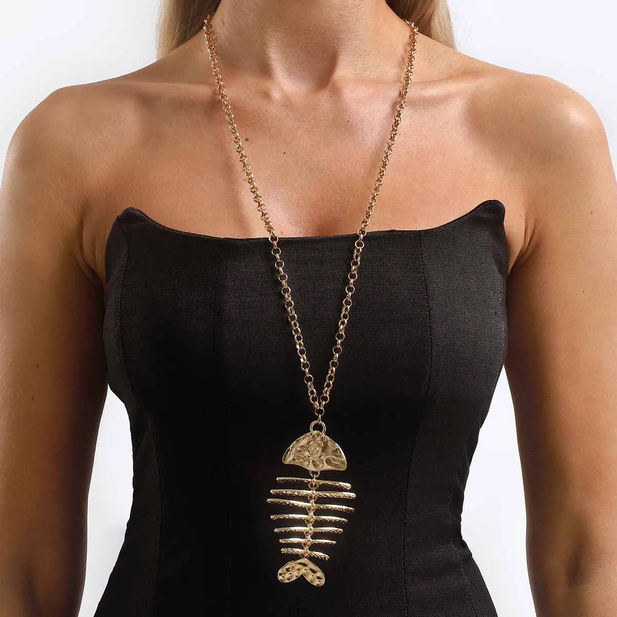 Personalisierte Halskette im Ozean-Stil mit Fischgräten-Anhänger, Kreative Trendige Metallische Zweiseitige Schlüsselbeinkette – Detail 4