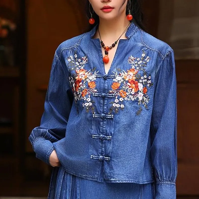 TIYIHAILEY Cotton Denim Women Full Sleeve Blouses Topsd Vintage Single Breasted Embroidery Shirts  2026 New Fashion Chinese