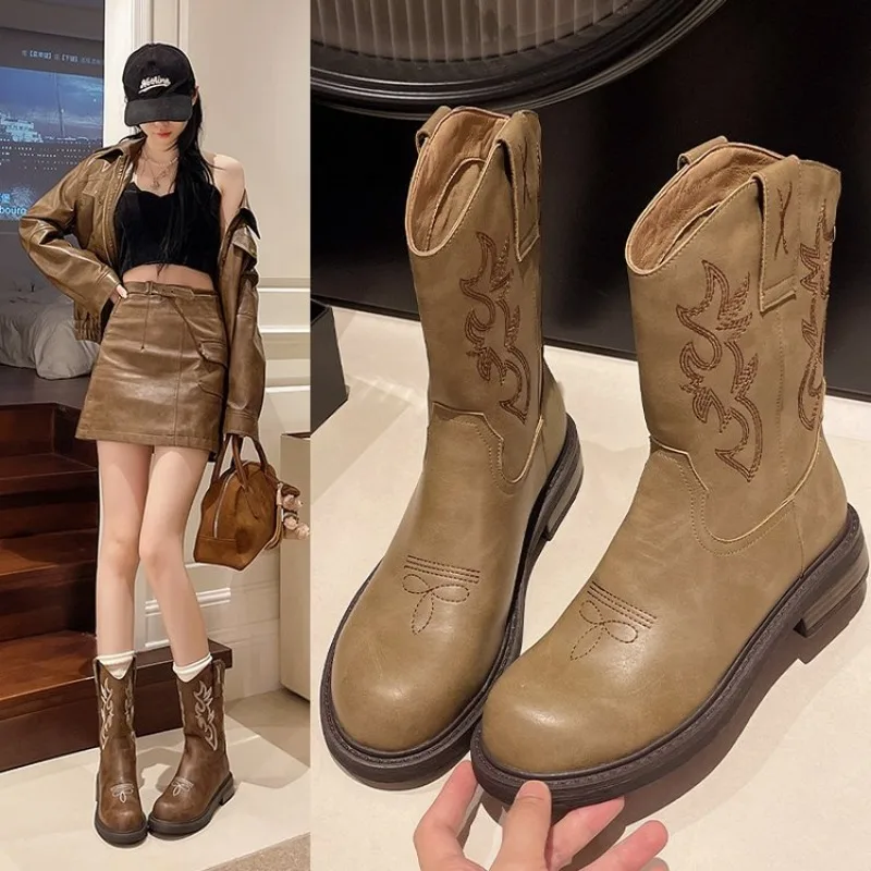 

Shoes for Women New Embroidered Western Cowboy Boots Women Autumn Pointed Toe Thick Heel High Knee Boots Woman Botas De Mujer