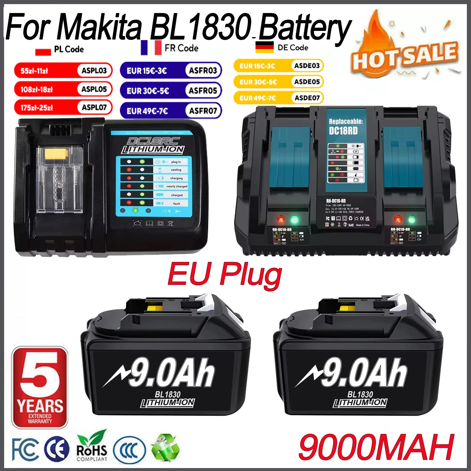 Image of 18V 9000mAh Ersatzakku Kompatibel mit Makita BL1830B BL1840B BL1860 BL1890 BL1815 BL1830 LXT400 Akku-Bohrschraubern