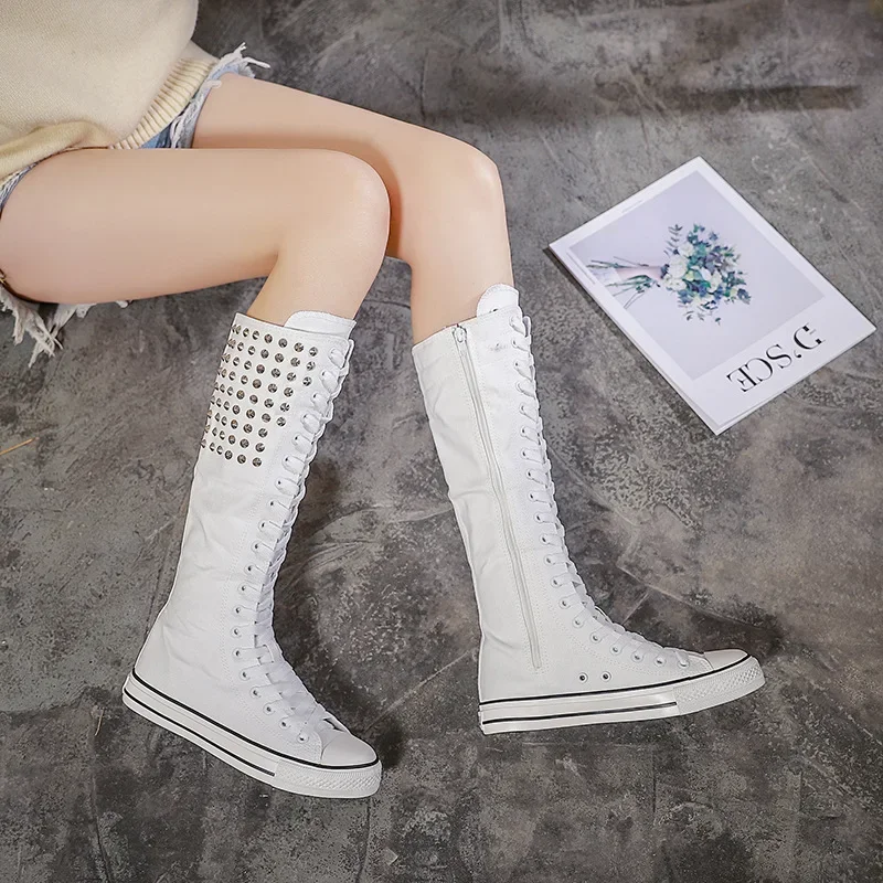 Women's Canvas Shoes Lace Up Zipper Knee High Boots Boots Flat Shoes Casual High Help Canvas Long Boots Vulcanized Shoes Women