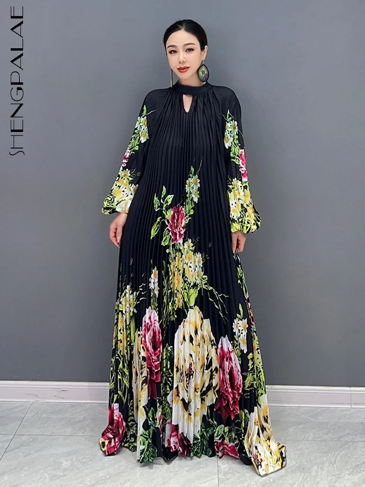 SHENGPALAE Printed Dress For Women Fashion O-neck Draped Lace Up Waist A-line Casual Vestido Robe Female Autumn 2024 New 5R5279