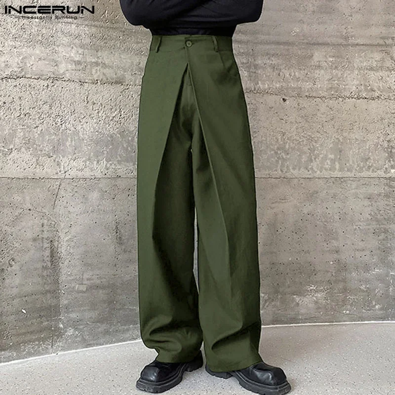 

INCERUN Men Pants Solid Color Button Joggers Loose Pleated Wide Leg Trousers Men Streetwear 2025 Fashion Casual Long Pants S-5XL