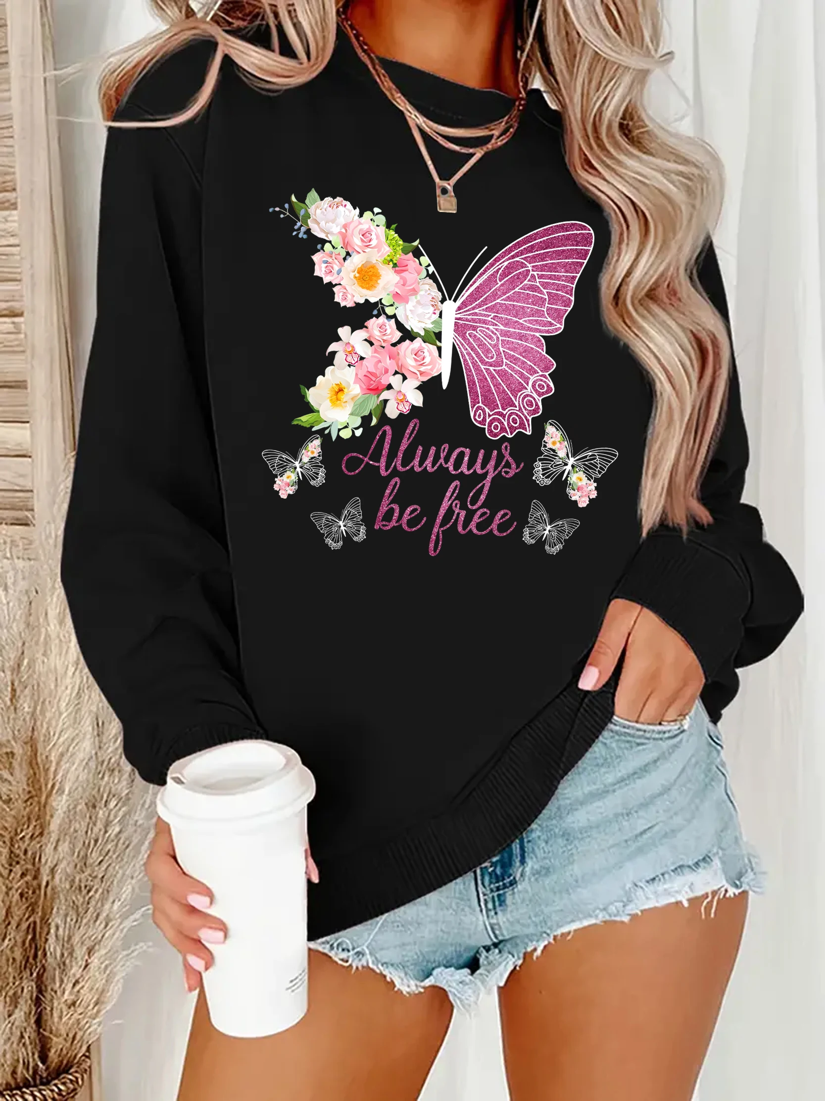 Casual Sweatshirt, Women's Butterfly&Flowers&Always be Free Slogan Print Long Sleeve Round Neck Sweatshirt