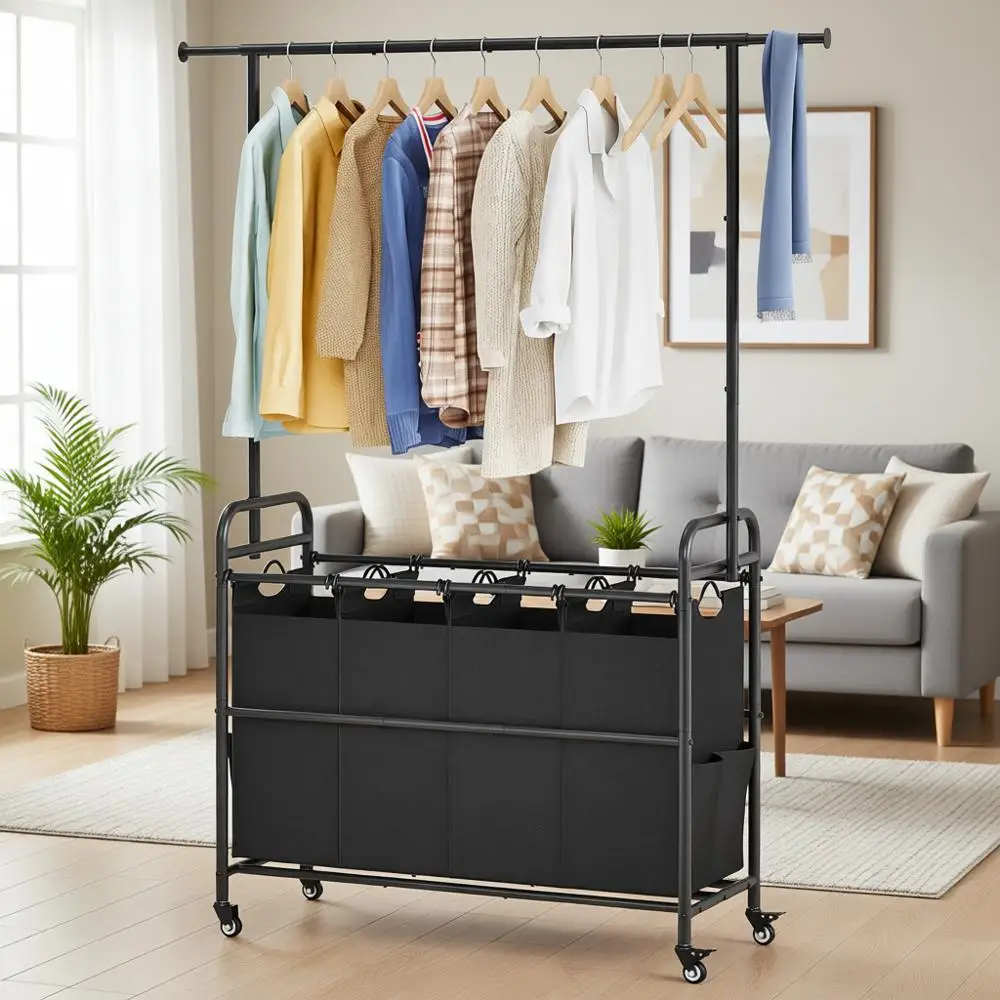 

Heavy Duty Rolling Laundry Sorter Cart with Hanging Rack and 4 Baskets, Black