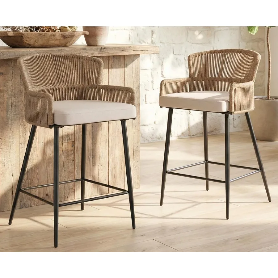 Farmhouse Woven Bar Stools Set of 2, 26 Inch Linen Upholstered Rattan Barstools with Curved Backs, Modern Cane Counter Height B