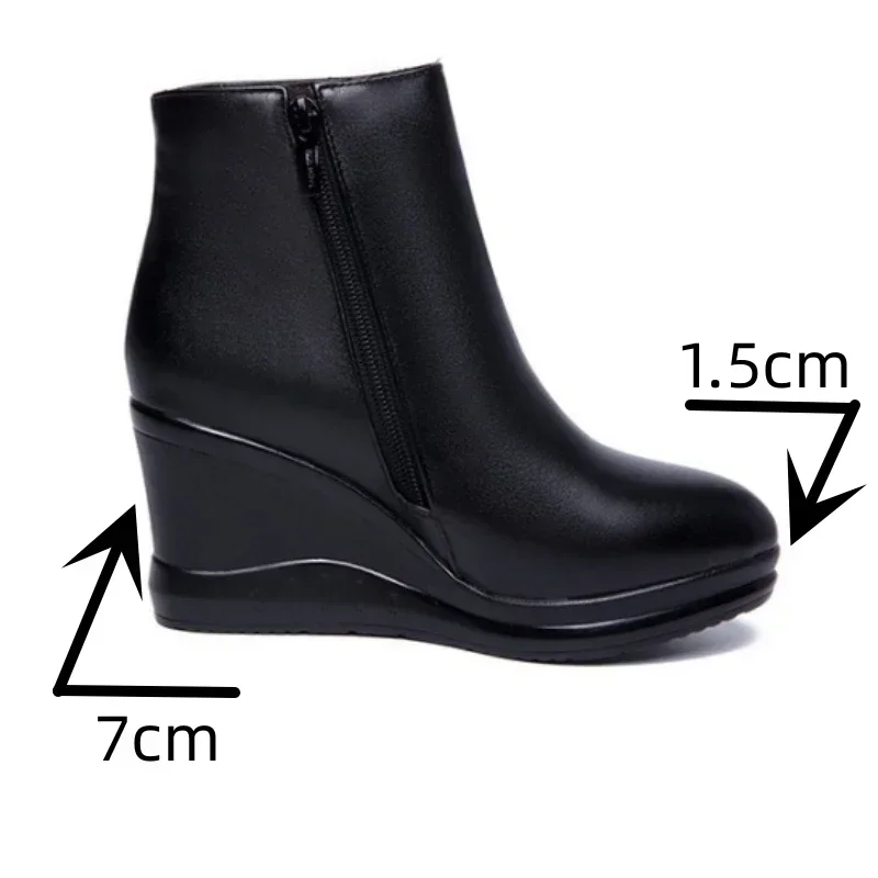 7cm Small Size 32-43 New Platform Wedges Shoes with Fur 2024 Winter High Heels Ankle Boots Snow Motorcycle for Office Mom