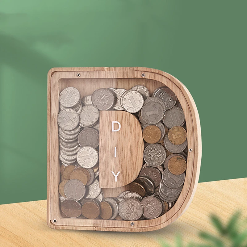 بنك أصبع المال للأطفال ، صندوق حفظ الحروف الخشبية ، زخرفة سطح المكتب ، مشغولات ديكور منزلية ، نقود عملات معدنية ، 26 أبجدية