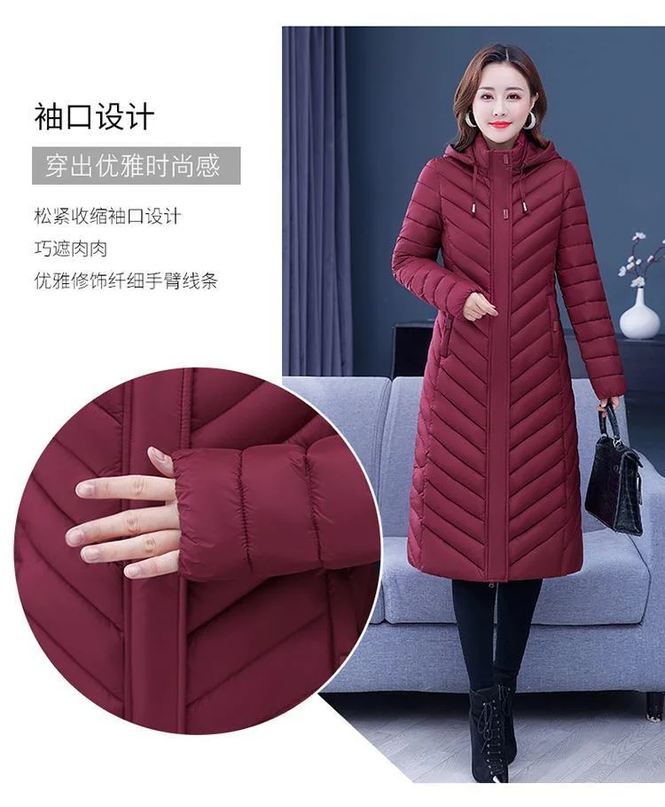 NEW Middle-aged Womens Down Cotton Coat Winter Long Warm Quilted Cotton Jacket Female Casual Hooded Parka Overcoat Purple 5XL