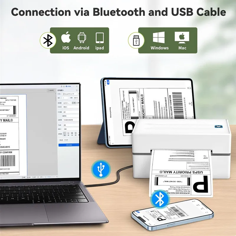 Printer label pengiriman ekspres 4x6 USB Bluetooth, printer label termal stiker kustom, mendukung Android, IOS, Windows, dan Mac