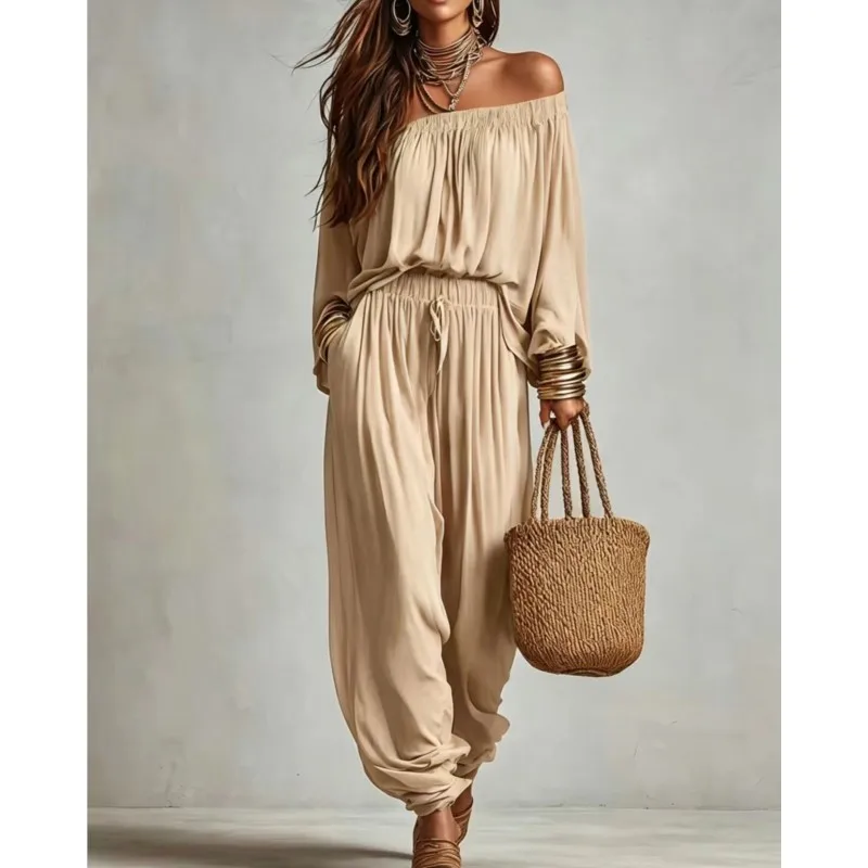 Sexy One Neck Top And Harem Pants Two-piece Set Women's Spring Autumn Casual Solid Suit With Pockets Ladies Fashion Streetwear
