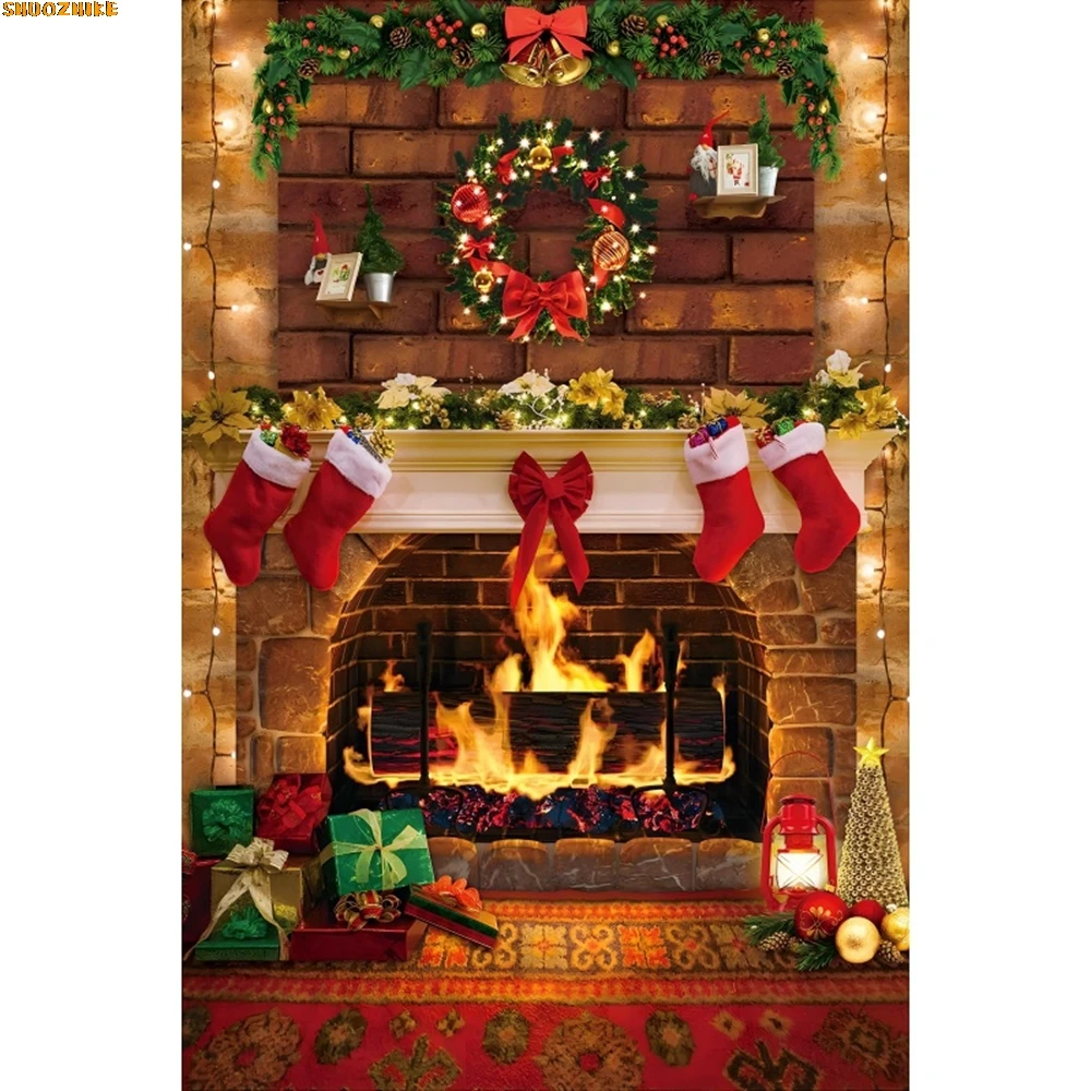 

Winter Christmas Fireplace Photography Background Xmas Tree Santa Claus Wood Board Kids Family Party Decor Backdrop Studio Props