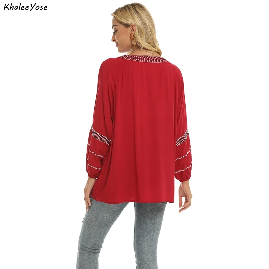 KHALEE YOSE Floral Embroidery Blouse Shirt Cotton Summer Mexican Women Shirt Red Long Sleeve 2xl 3Xl Ethnic Ladies Shirt