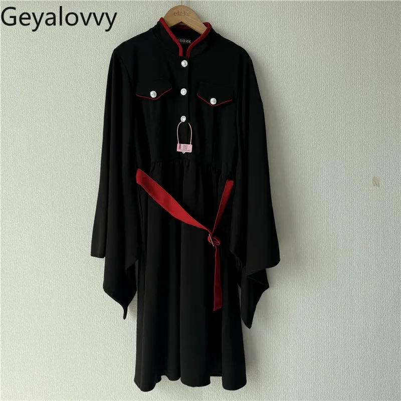

Japanese New Women's Subculture Gothic Stand-up Collar Long-sleeved Embroidery Dress Sweet Straight Belt Black Dresses