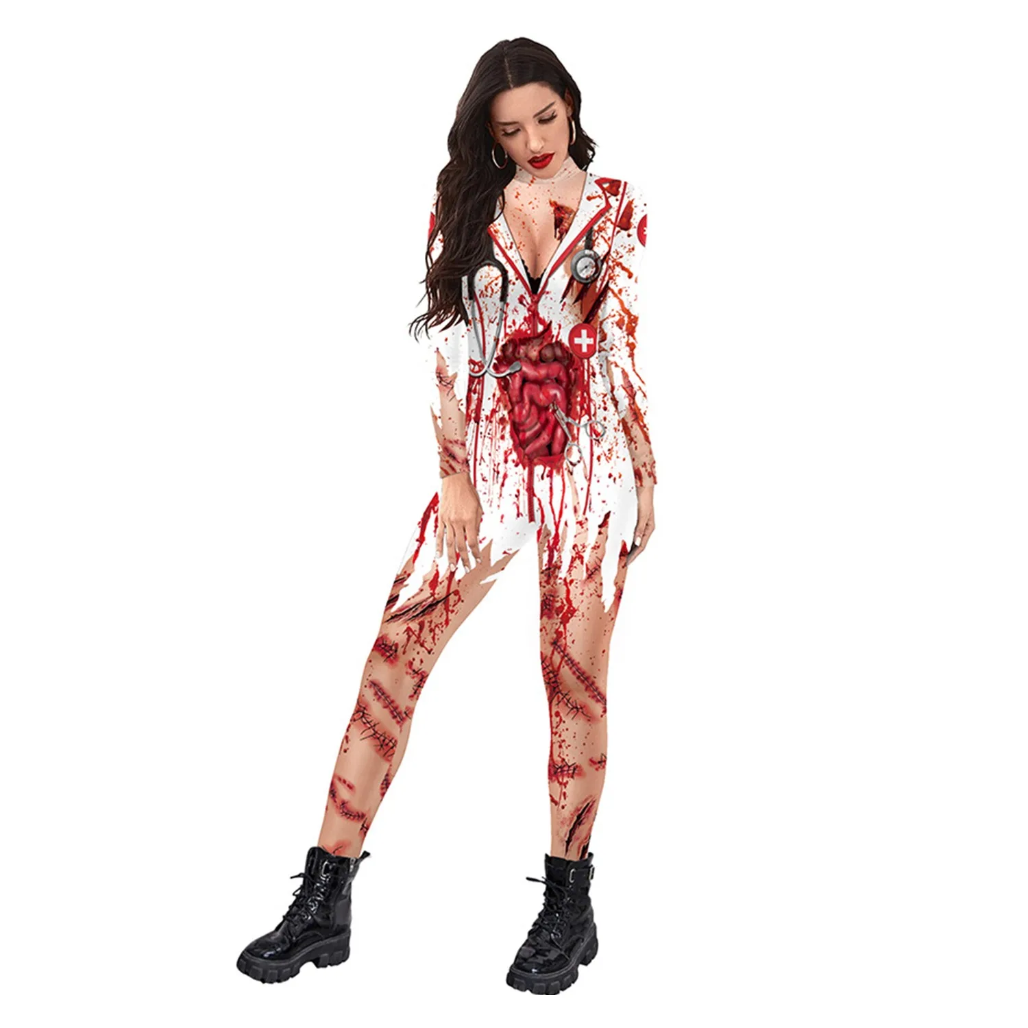 

2024 New Halloween Bloody Nurse Jumpsuit 3d Printed Long Sleeve Jumpsuit Adult Party Performance Costume Cosplay Costumes