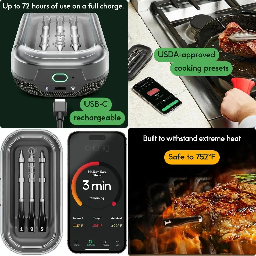 

Bluetooth Wireless Meat Thermometer with 3 Probes for BBQ and Oven Monitoring