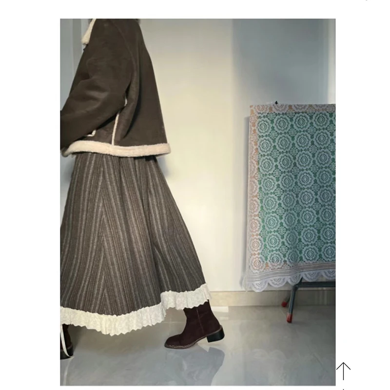 Herbst Winter Hohe Taille A-Linie Midi Rock Spitze Trim Vertikale Streifen Retro Vielseitig Hohe Elastici f-länge Rock