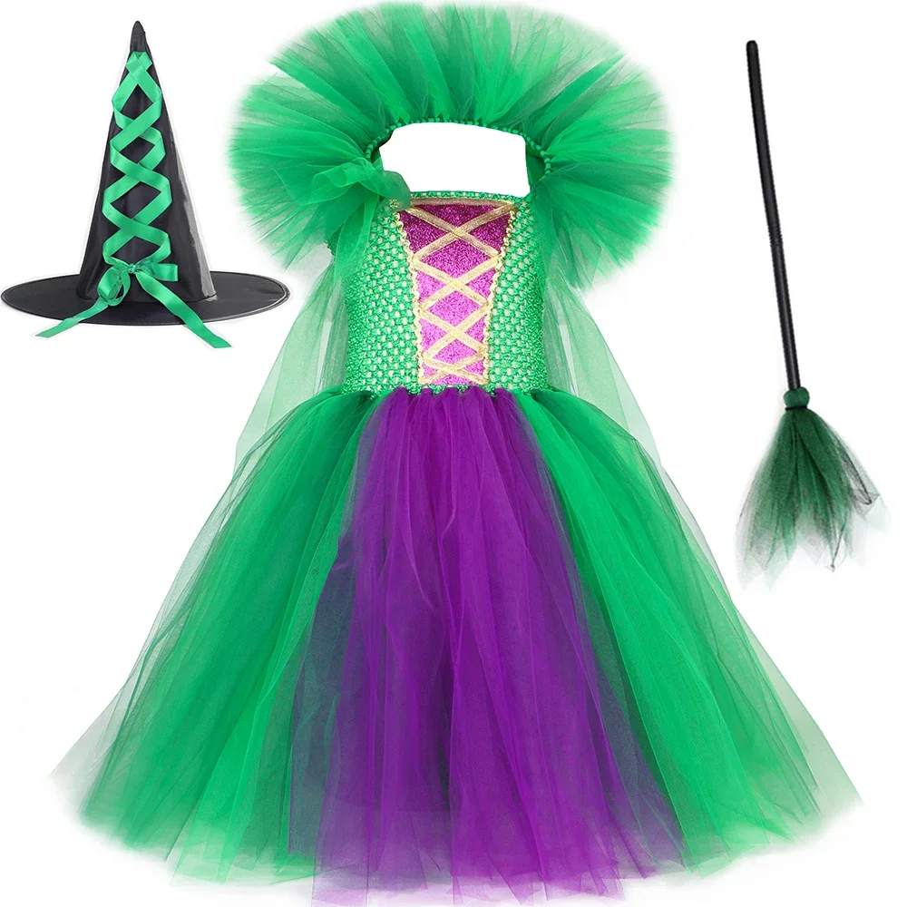 Winifred Sanderson Hocus Pocus Costume Kids Halloween Costumes Girls Green Purple Fancy Witch Tulle Tutu Dress with Cloak Hat