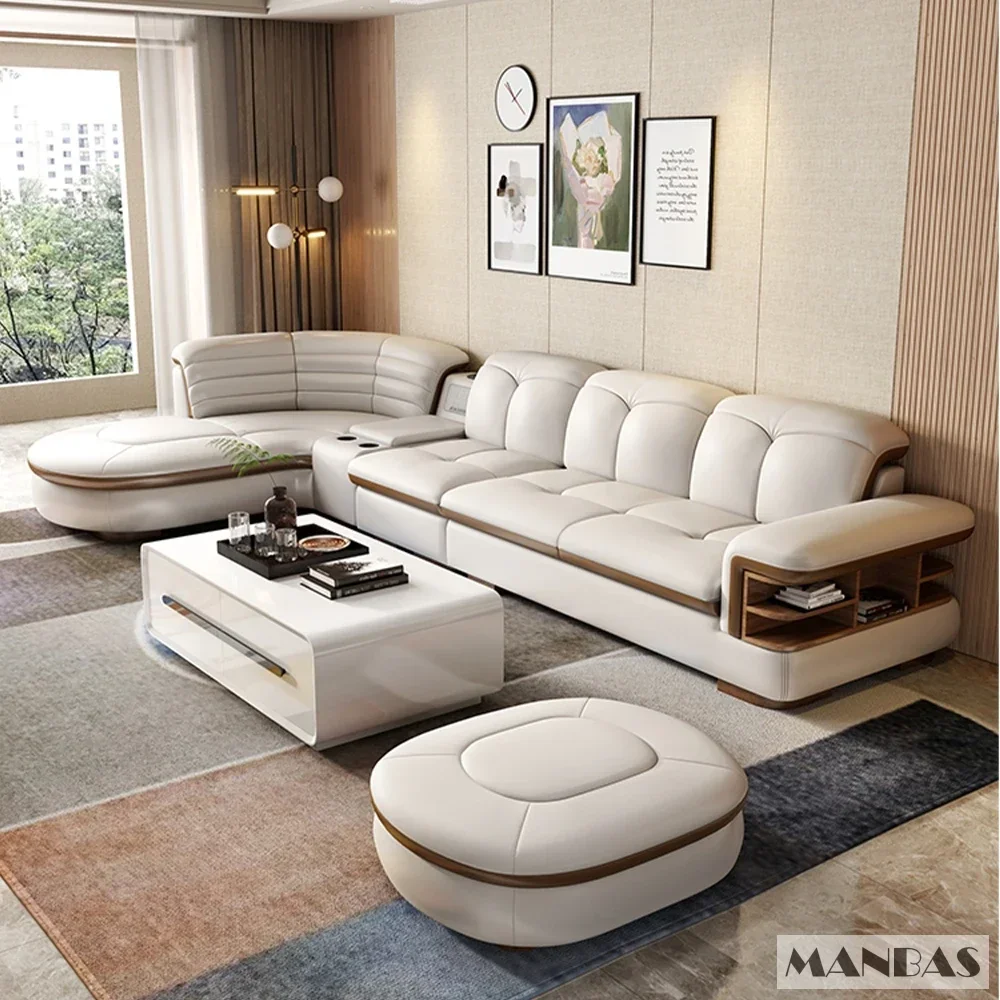 

Luxury L-Shaped Genuine Leather Sectional Sofa Sets with USB, Bluetooth Speaker - MINGDIBAO Living Room Italian Leather Couches