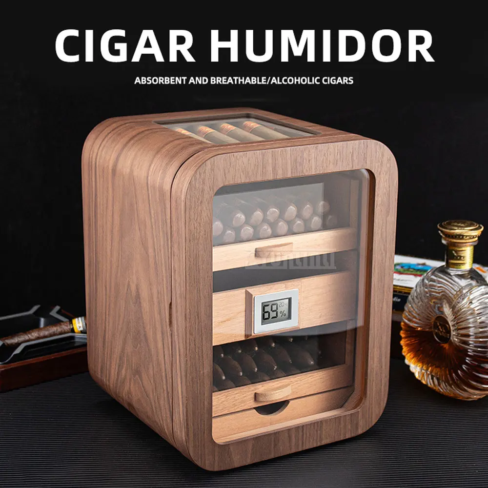 Three-Tier Cigar Humidor: Cedar Wood, Large Capacity, with Viewing Window, Grain Cigar Aging and Humidification Cabinet