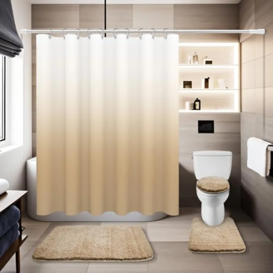 

4 Pcs Beige Shower Curtain Sets with Rugs Solid Bathroom Sets with Shower Curtain and Rugs and Adjustable Toilet Lid Cover for