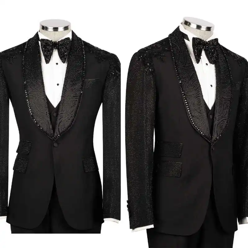 

Stylish Wedding Tuxedos Jacket Pants Beaded Men Suit Luxurious Shawl Lapel Single Breasted Evening Prom Groom Blazers Customized