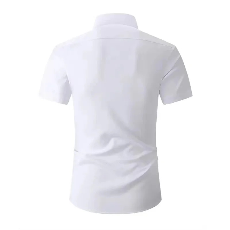 Classic Men\'s Business Shirts Summer Short Sleeve Solid Elastic Non-ironing Anti-wrinkle Business Slim Fit White Shirts Plus 5XL