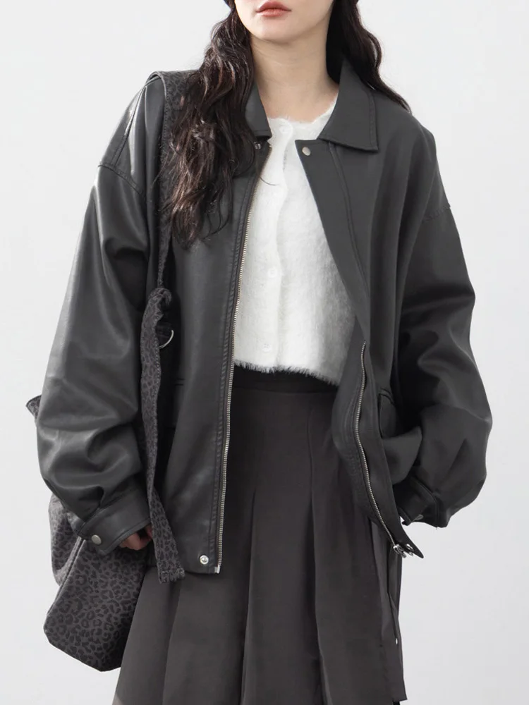 Queenop Herfst Winter Nieuwe collectie Damesmode Mat leer Jaet Loose Fit Bovenkleding Casual Sle Lange Sve Rits