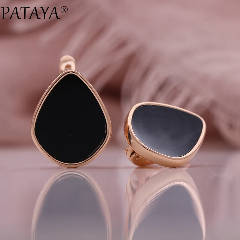 PATAYA New Black Natural Zircon Earrings For Women 585 Gold Color Oil Dripping Cute English Earrings Party Wedding Fine Jewelry