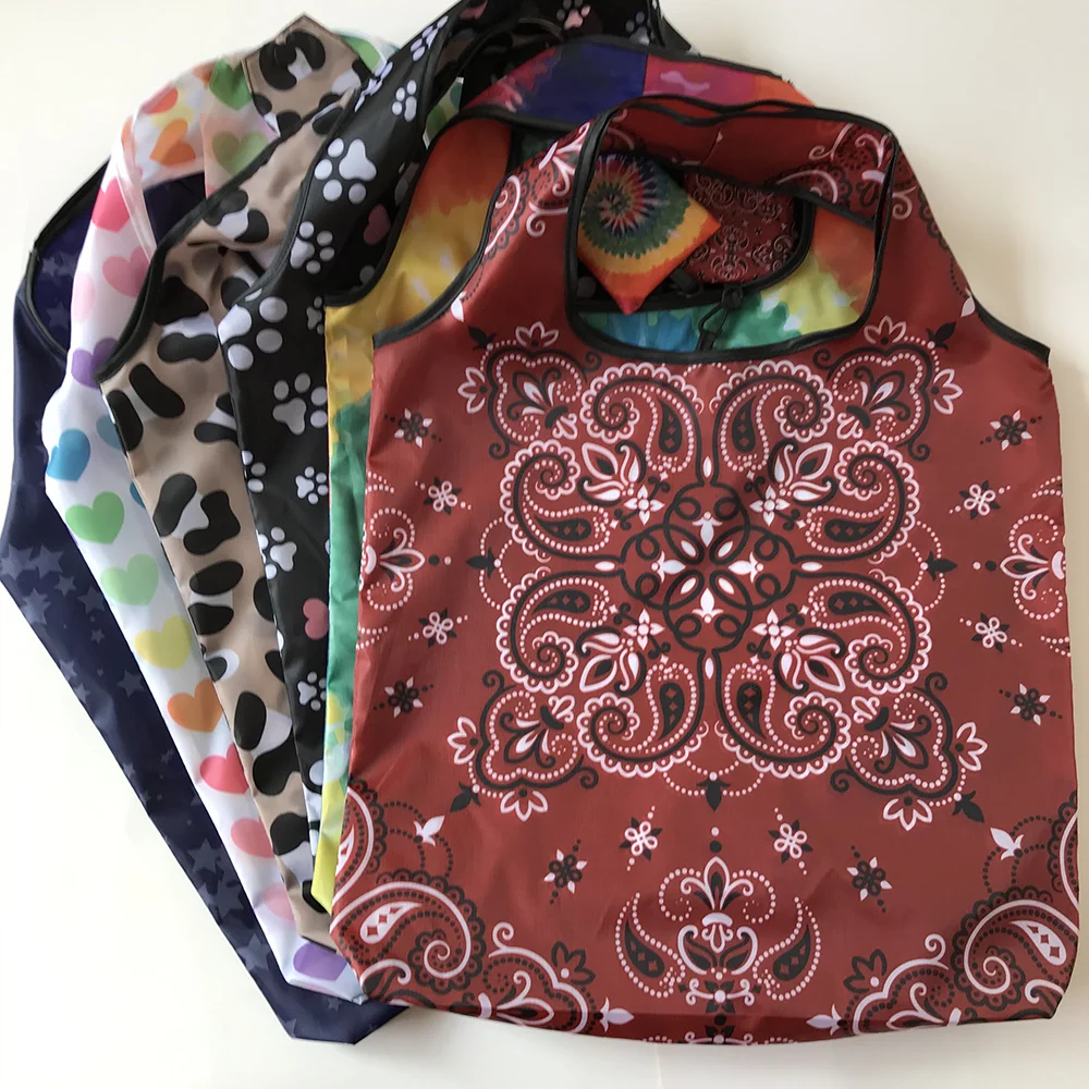 Fashionable Full-page Print Polyester Foldable Shopping Bag Recycled Large Capacity Storage Tote Bag with Custom Print