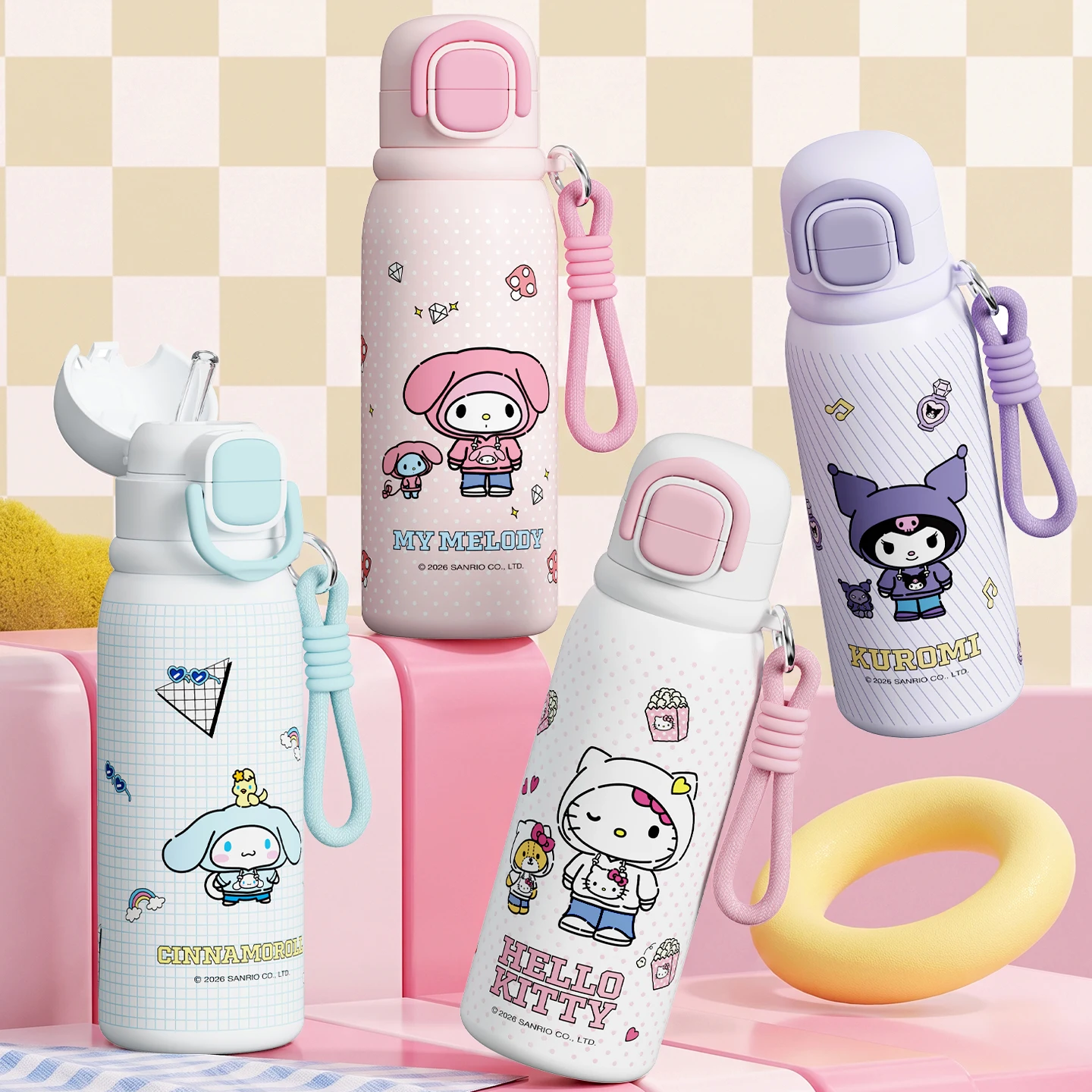 Sanrio Characters Vacuum Insulated Cup 530ml Hello Kitty Kuromi My Melody Cinnamoroll Stainless Steel Water Bottle With Lanyard