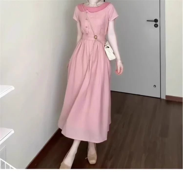 فستان نسائي صيفي مقاس كبير وردي فرنسي حلو بأكمام قصيرة يقلل من العمر بخصر عالٍ على شكل حرف a وأربطة مخططة فساتين طويلة لطيفة